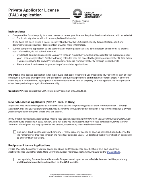 Private Applicator License (Pal) Application - Oregon Download Pdf