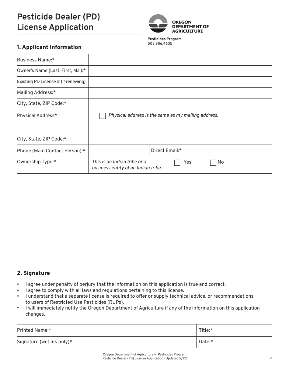 Pesticide Dealer (Pd) License Application - Oregon, Page 2