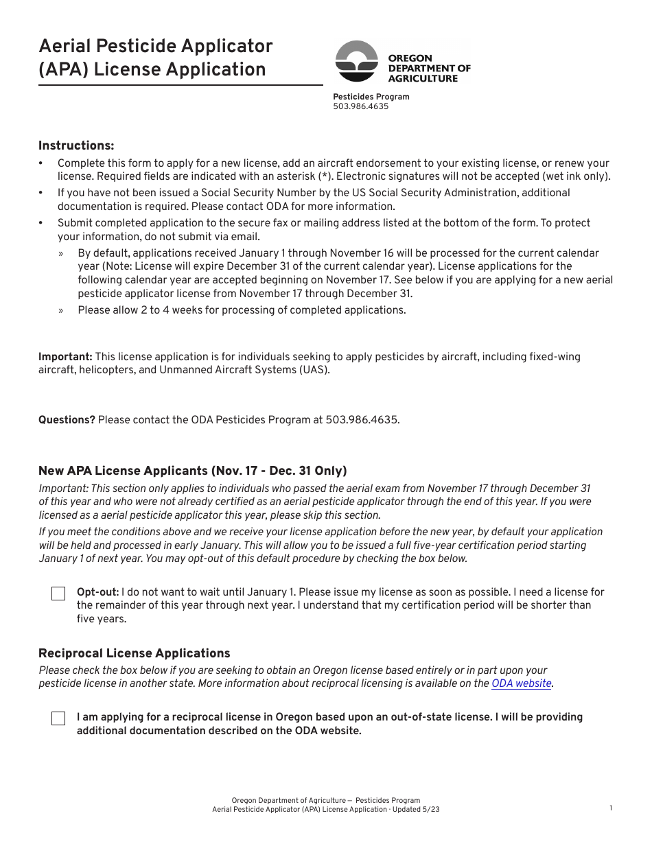 Aerial Pesticide Applicator (Apa) License Application - Oregon, Page 1