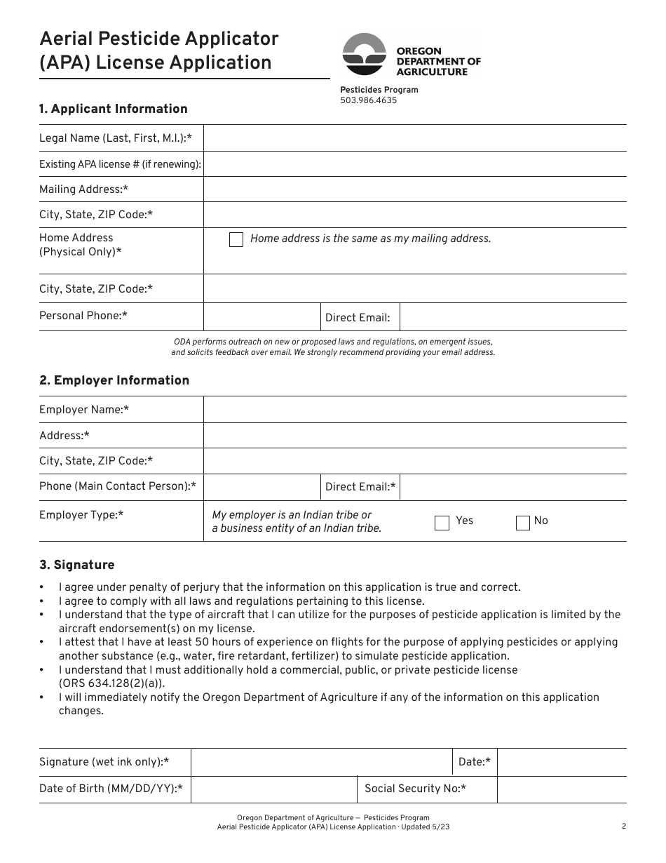 Aerial Pesticide Applicator (Apa) License Application - Oregon, Page 2