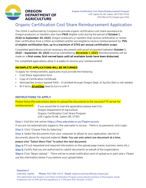 Organic Certification Cost Share Reimbursement Application - Oregon, 2023