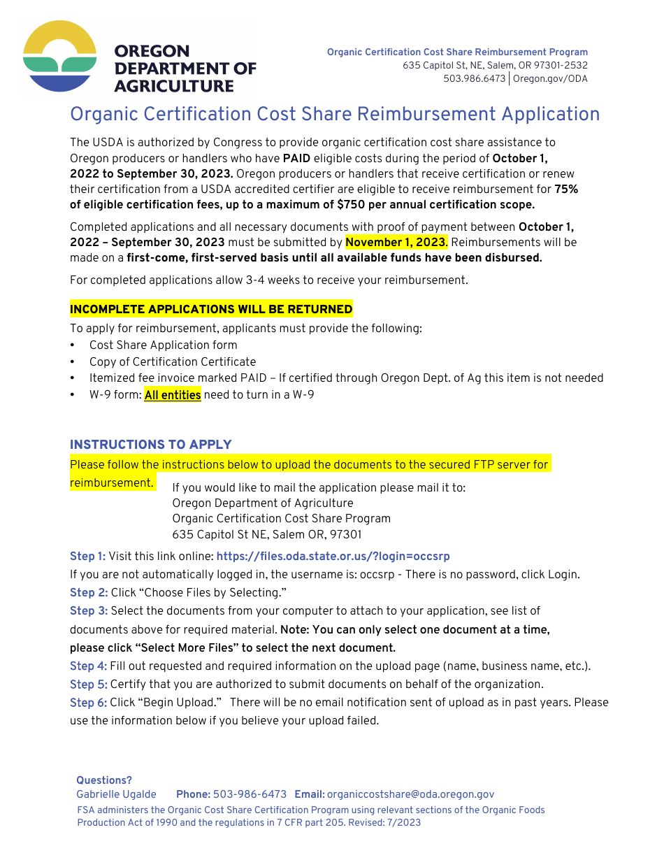 Organic Certification Cost Share Reimbursement Application - Oregon, Page 1