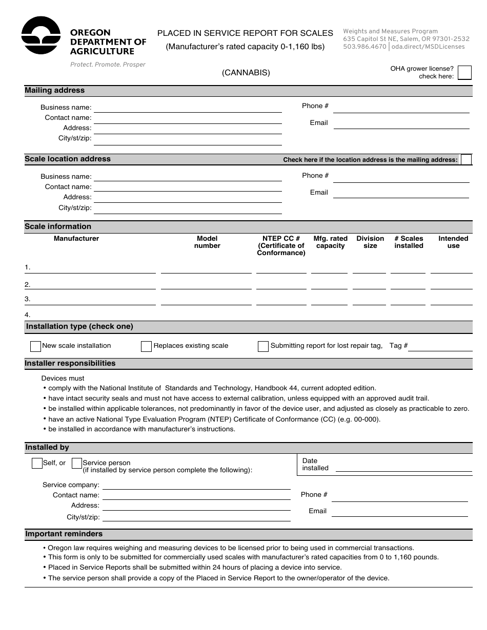 Placed in Service Report Form - Small Scales (Cannabis 1,160 Lb (526 Kg) Capacity) - Oregon, Page 1