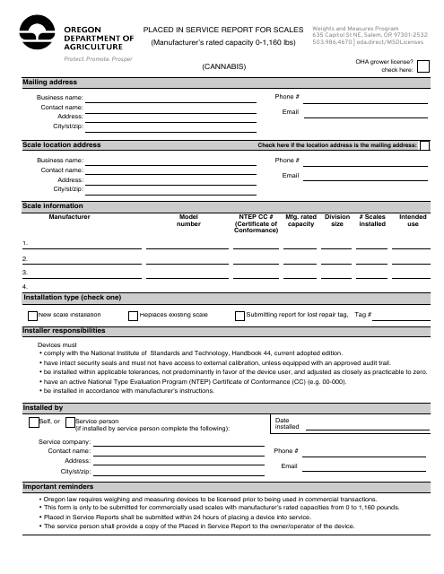 Placed in Service Report Form - Small Scales (Cannabis 1,160 Lb (526 Kg) Capacity) - Oregon Download Pdf