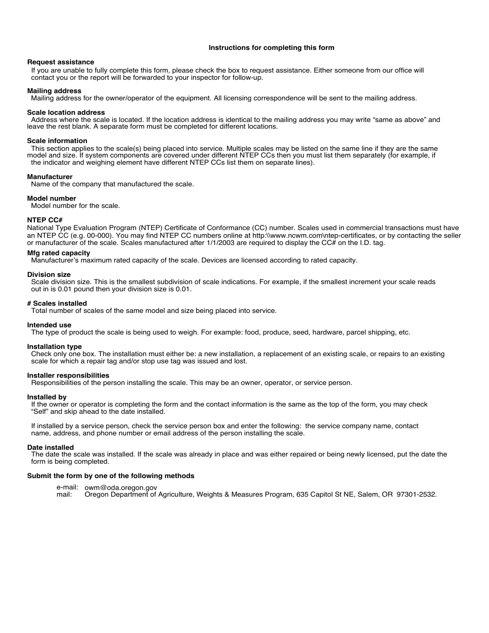 Placed in Service Report Form - Small Scales (Psilocybin 1,160 Lb Capacity) - Oregon, Page 2