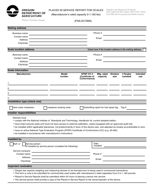 Placed in Service Report Form - Small Scales (Psilocybin 1,160 Lb Capacity) - Oregon Download Pdf