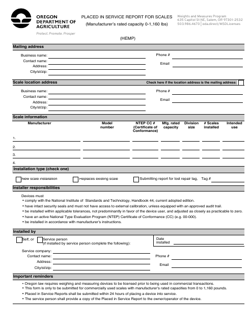 Placed in Service Report Form - Small Scales (Hemp 1,160 Lb Capacity) - Oregon Download Pdf