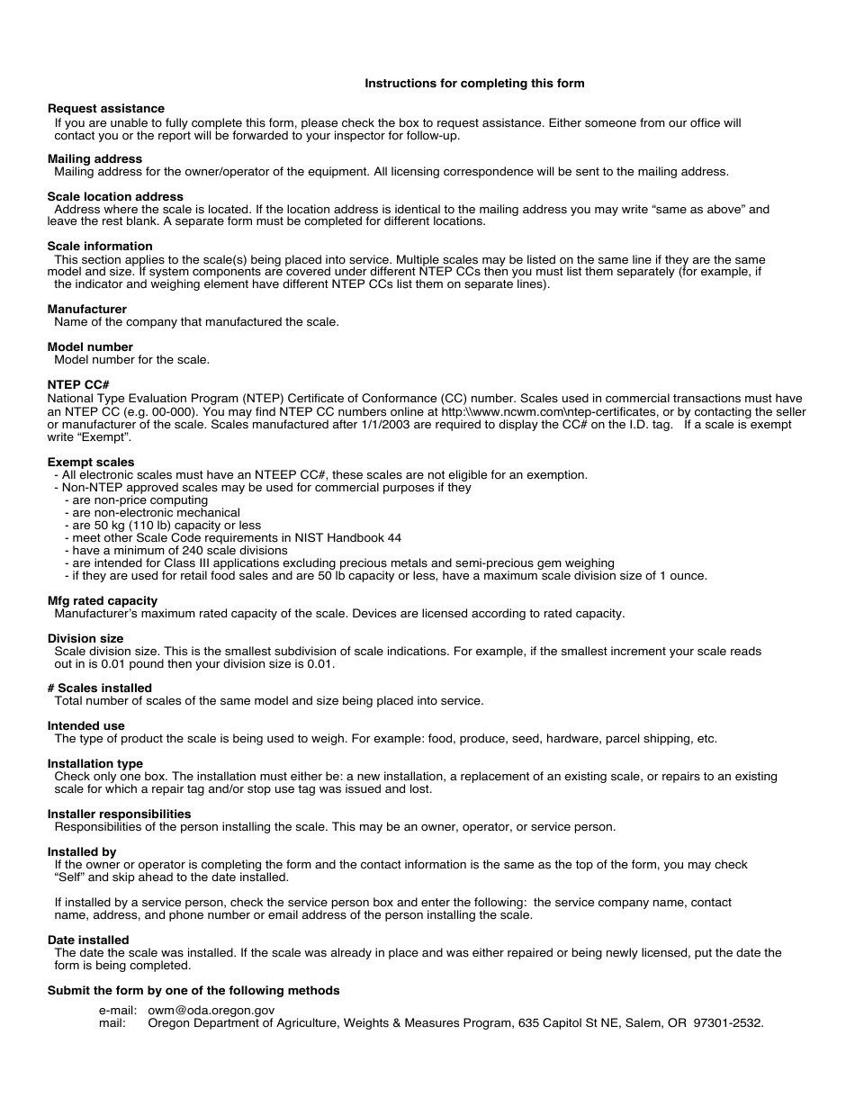 Placed in Service Report Form - Small Scales ( 1,160 Lb Capacity) - Oregon, Page 2