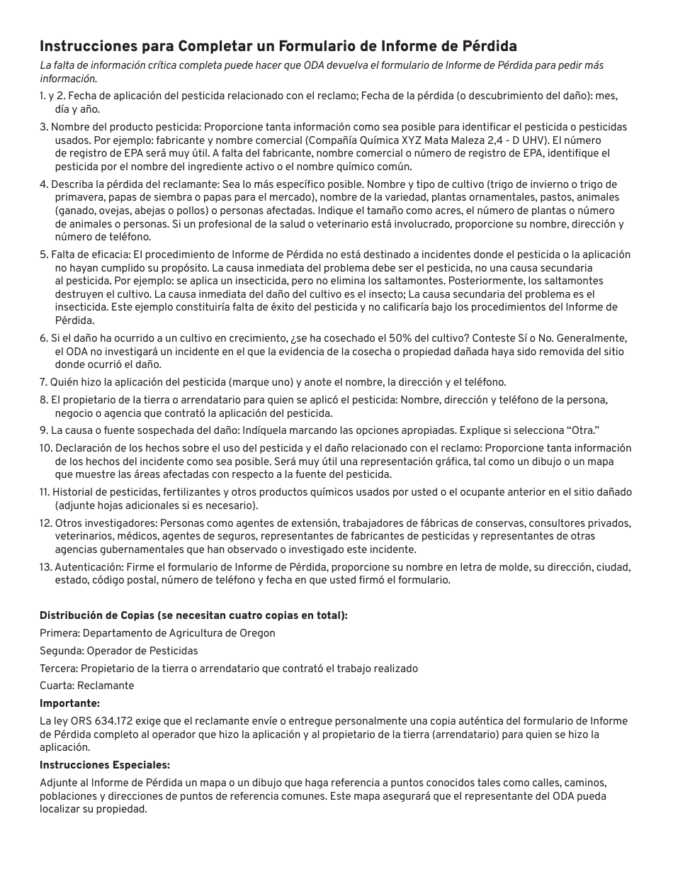 Informe De Perdida Presuntamente Causada Por El Uso De Insecticidas, Herbicidas, Fungicidas Y Otros Pesticidas - Oregon (Spanish), Page 2