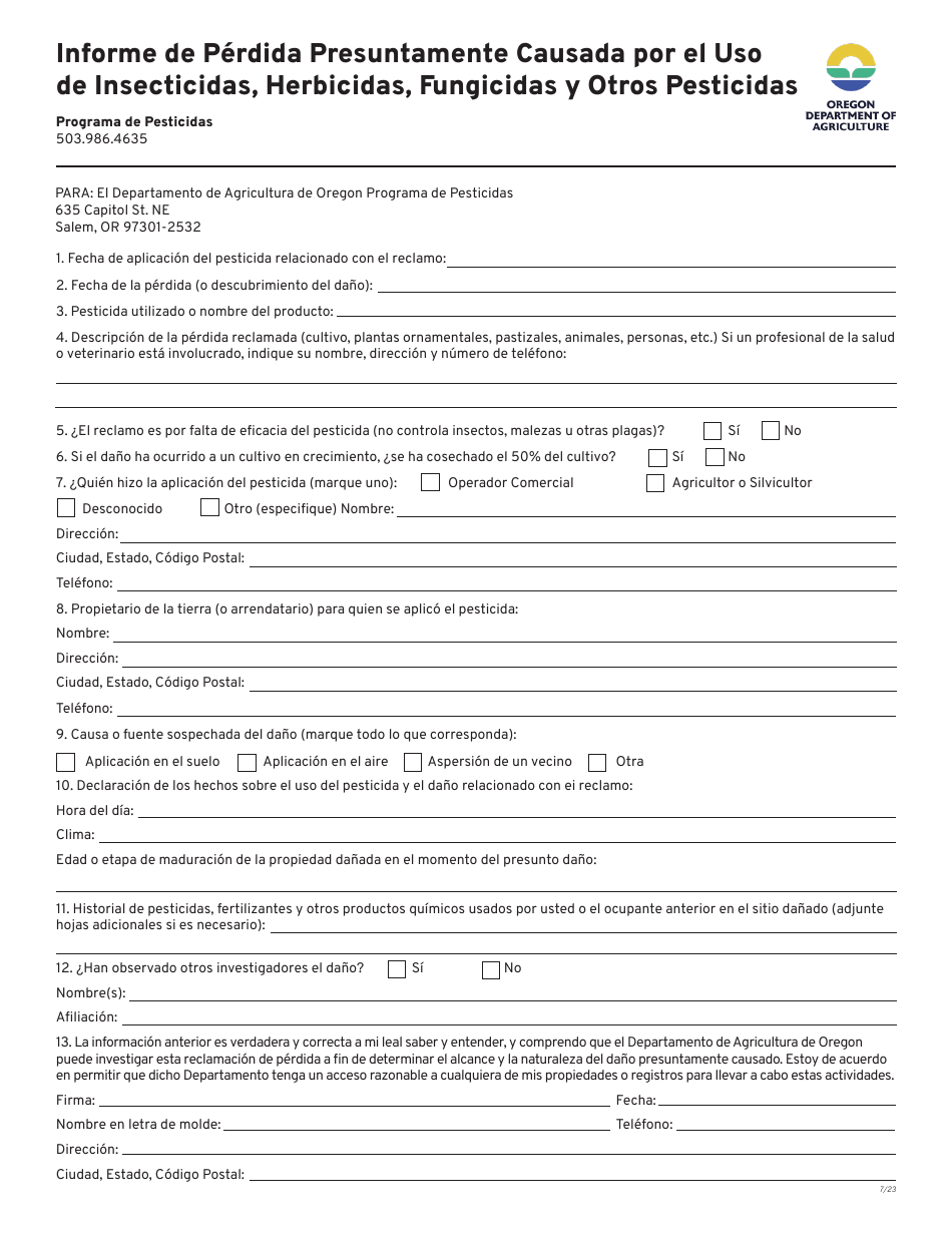 Informe De Perdida Presuntamente Causada Por El Uso De Insecticidas, Herbicidas, Fungicidas Y Otros Pesticidas - Oregon (Spanish), Page 3