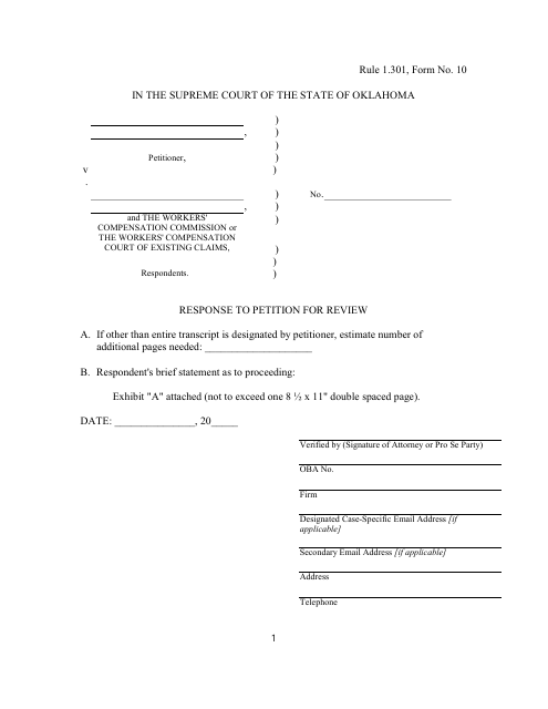 Form 10 Response to Petition for Review, Workers' Compensation Commission or Workers' Compensation Court of Existing Claims - Oklahoma