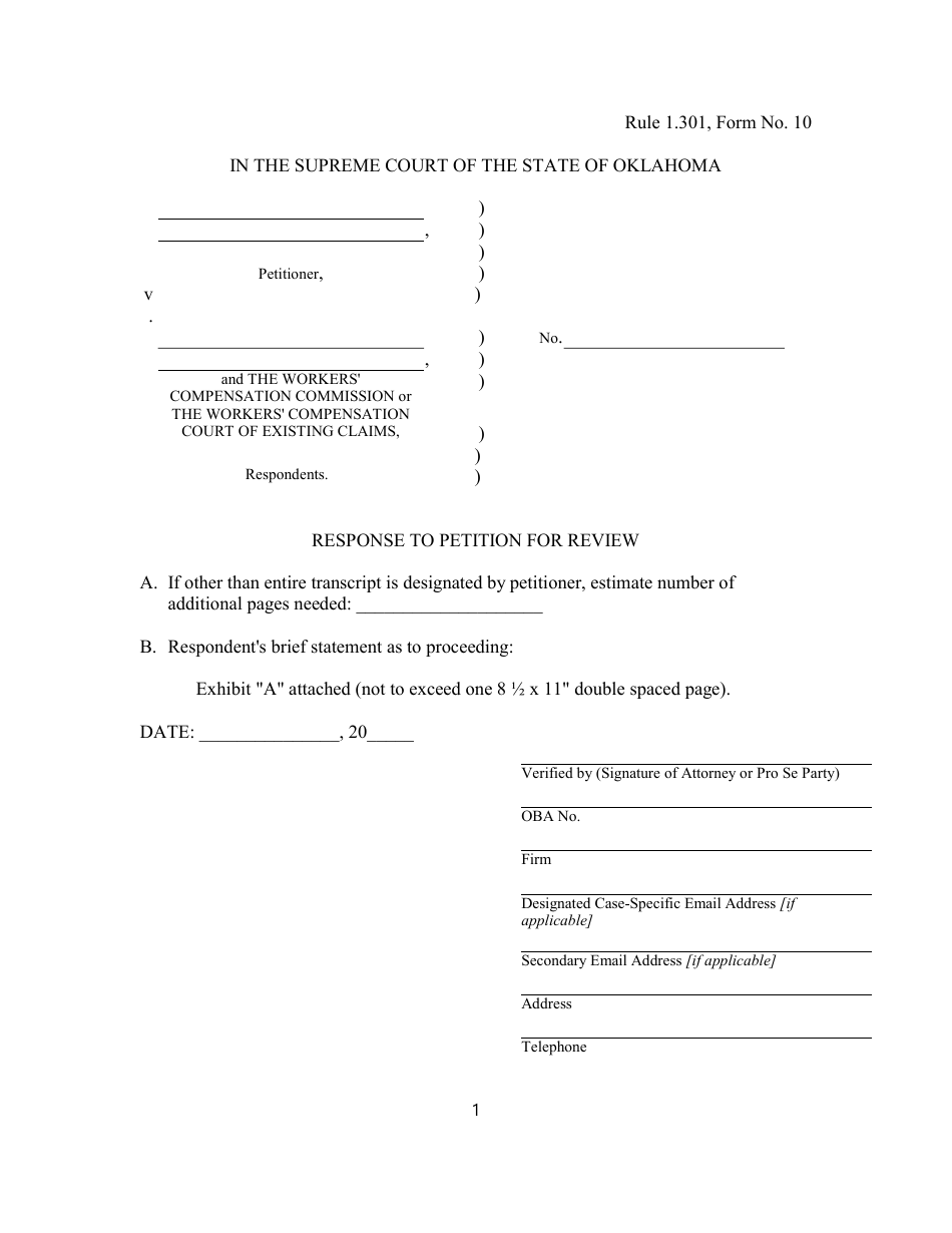 Form 10 Response to Petition for Review, Workers Compensation Commission or Workers Compensation Court of Existing Claims - Oklahoma, Page 1