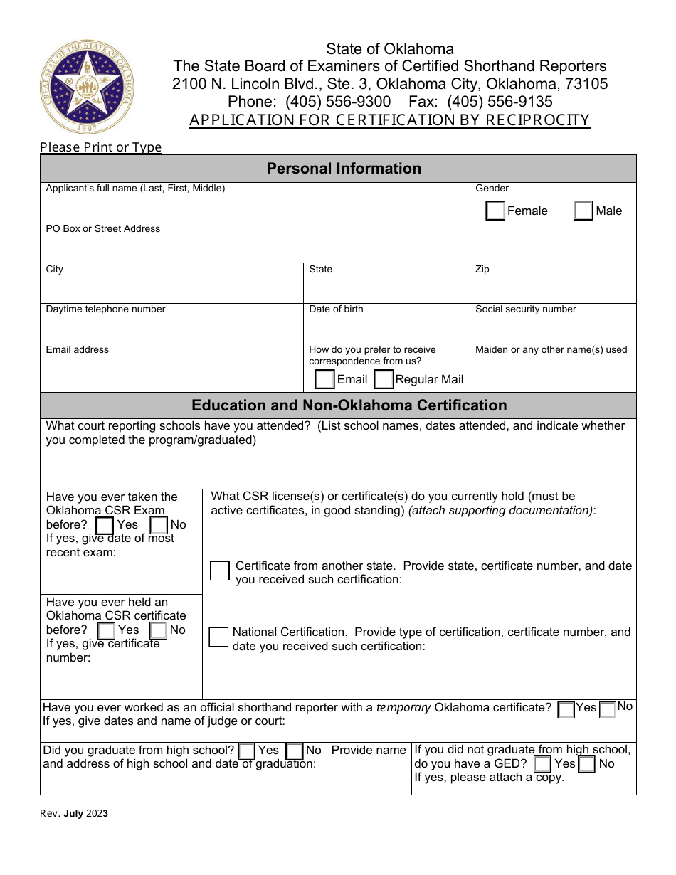 Certified Shorthand Reporters Application for Certification by Reciprocity - Oklahoma, Page 1