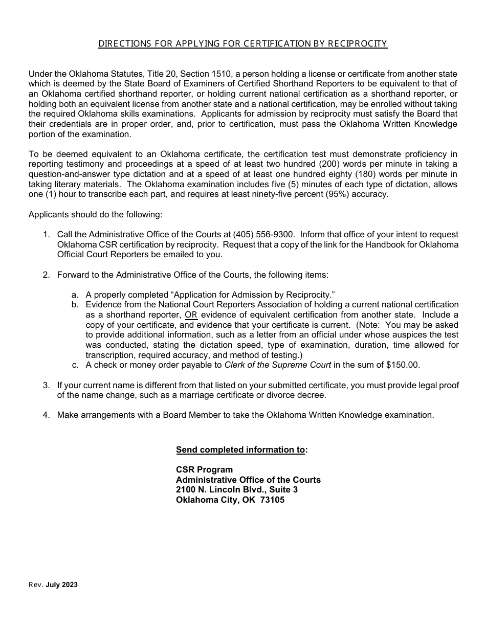 Certified Shorthand Reporters Application for Certification by Reciprocity - Oklahoma, Page 3