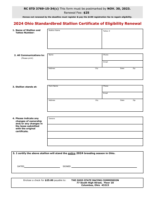 Ohio Standardbred Stallion Certificate of Eligibility Renewal - Ohio, 2024