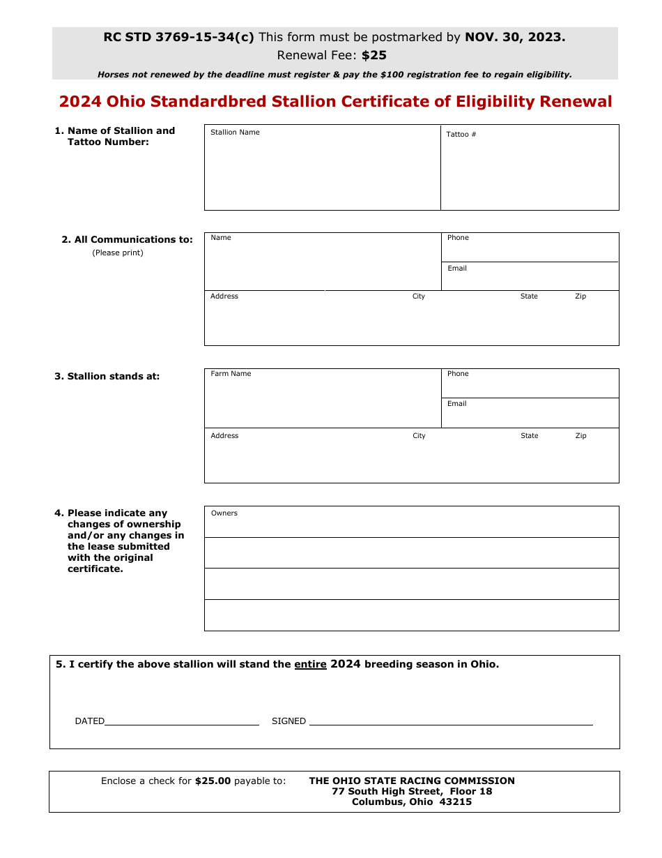 Ohio Standardbred Stallion Certificate of Eligibility Renewal - Ohio, Page 1