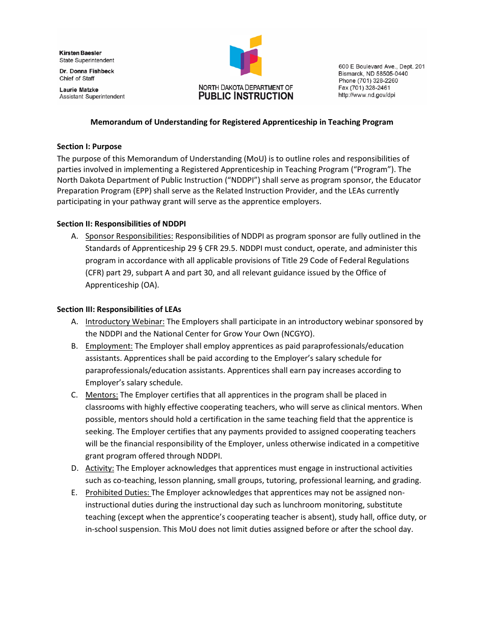 Memorandum of Understanding for Registered Apprenticeship in Teaching Program - North Dakota, Page 1