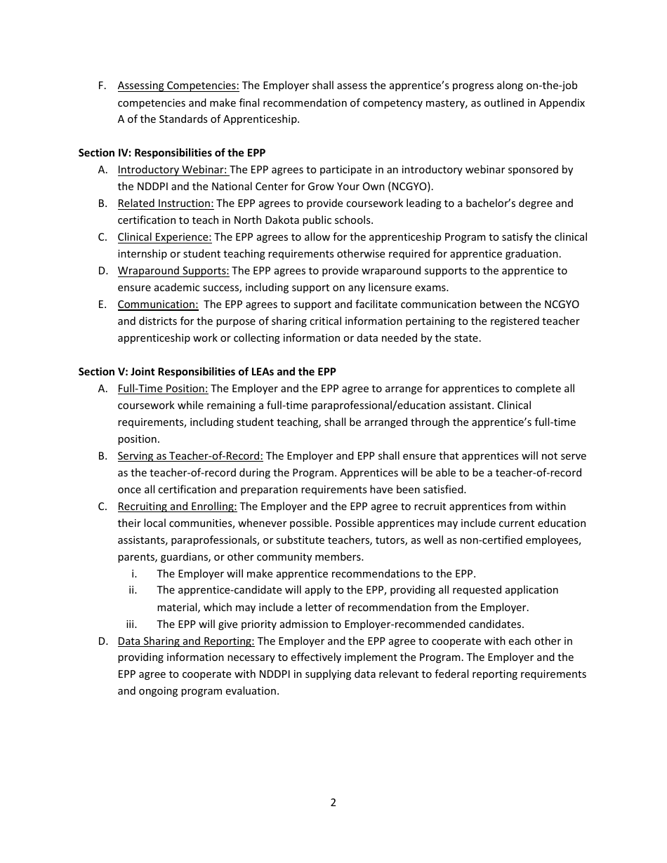 Memorandum of Understanding for Registered Apprenticeship in Teaching Program - North Dakota, Page 2