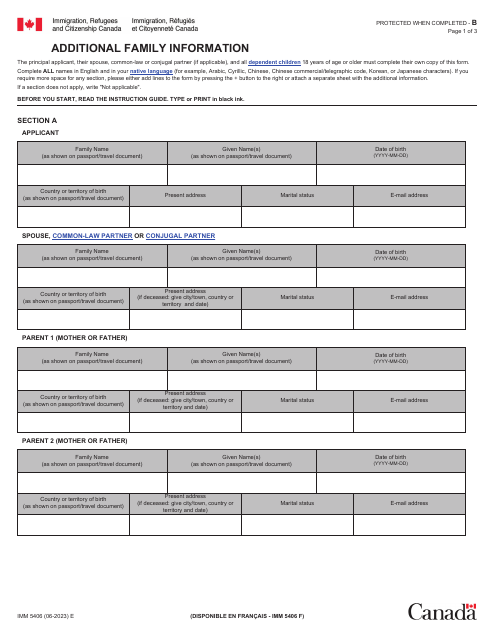 Form IMM5406 Additional Family Information - Permanent Residence - Canada