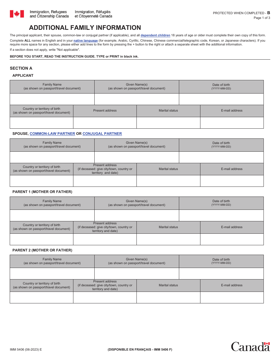 Form IMM5406 Additional Family Information - Permanent Residence - Canada, Page 1