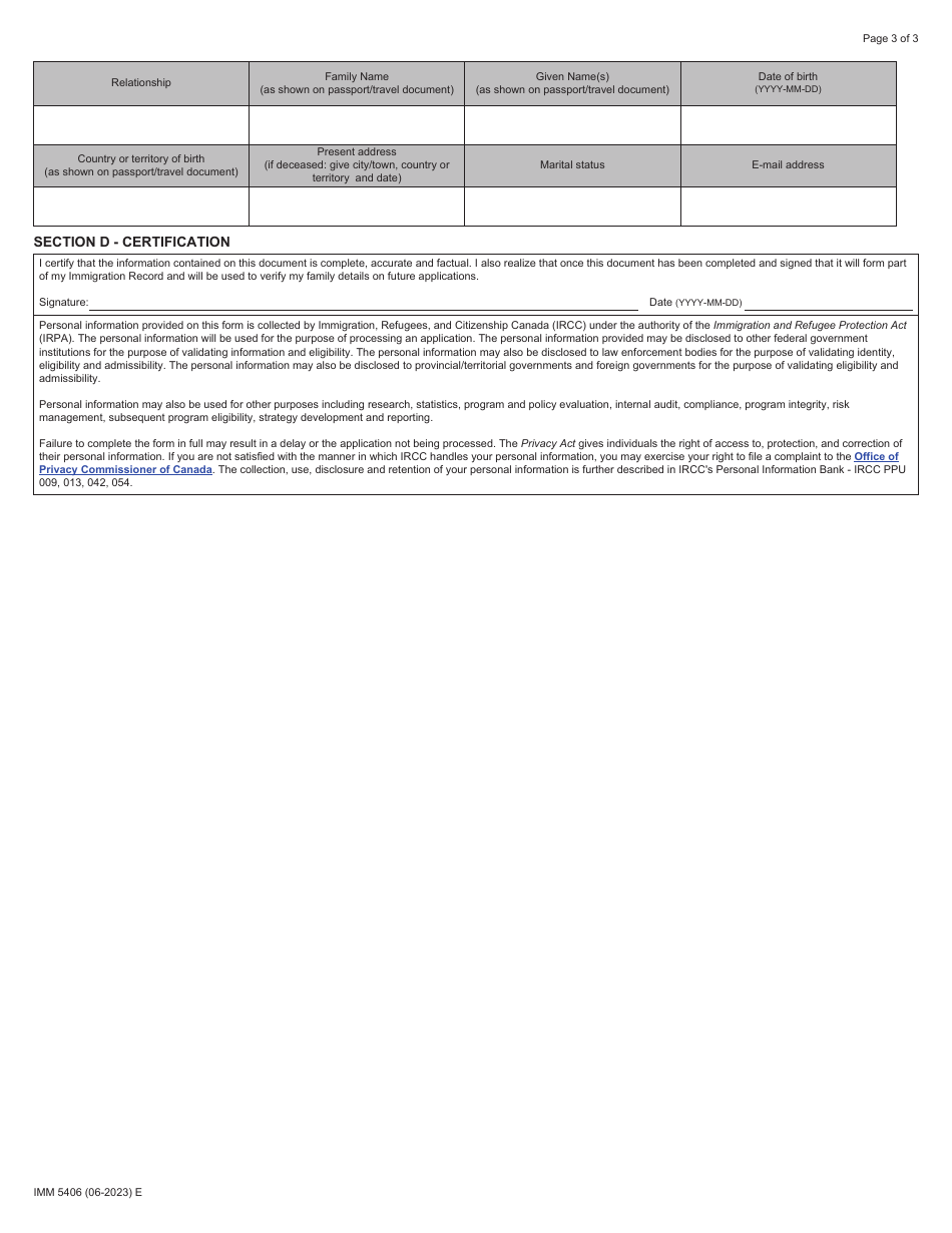 Form IMM5406 Additional Family Information - Permanent Residence - Canada, Page 3