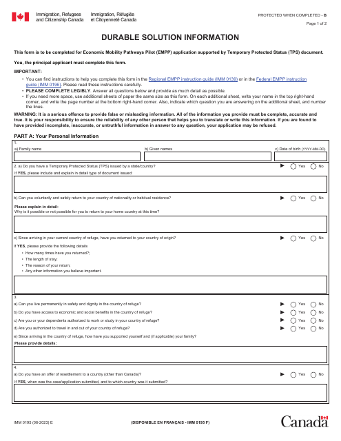 Form IMM0195 Durable Solution Information - Canada