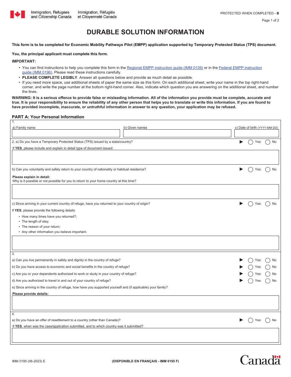 Form IMM0195 Durable Solution Information - Canada, Page 1