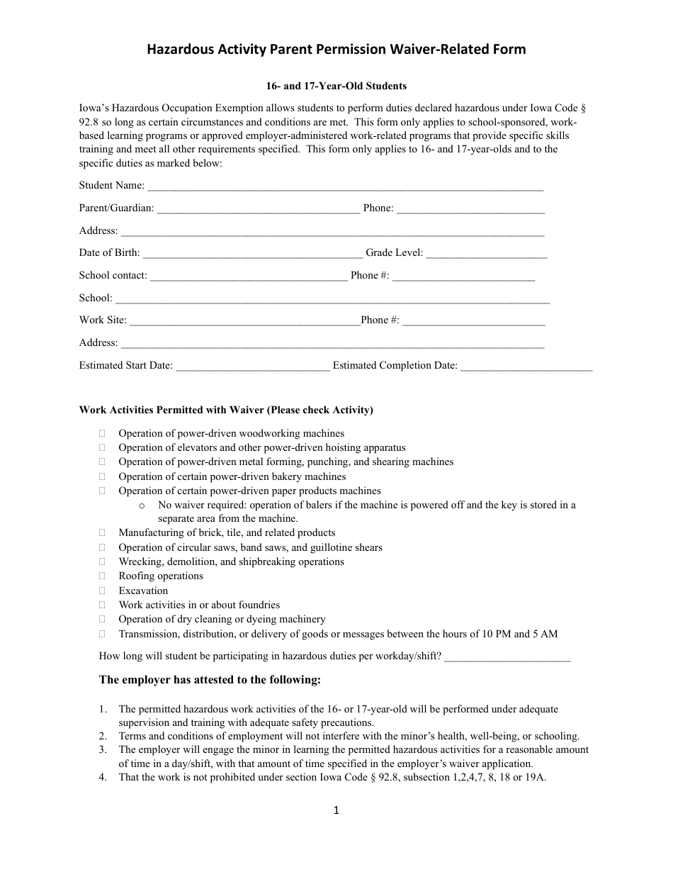 Hazardous Activity Parent Permission Waiver-Related Form - 16- and 17-year-Old Students - Iowa, Page 1