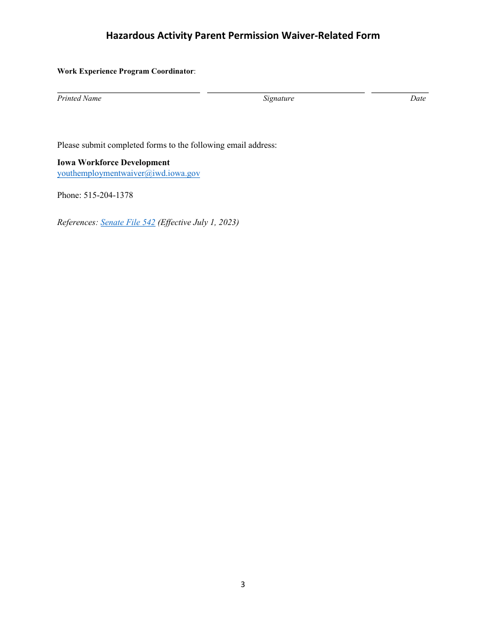 Hazardous Activity Parent Permission Waiver-Related Form - 16- and 17-year-Old Students - Iowa, Page 3