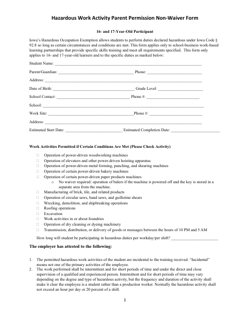 Hazardous Work Activity Parent Permission Non-waiver Form - 16- and 17-year-Old Participant - Iowa Download Pdf