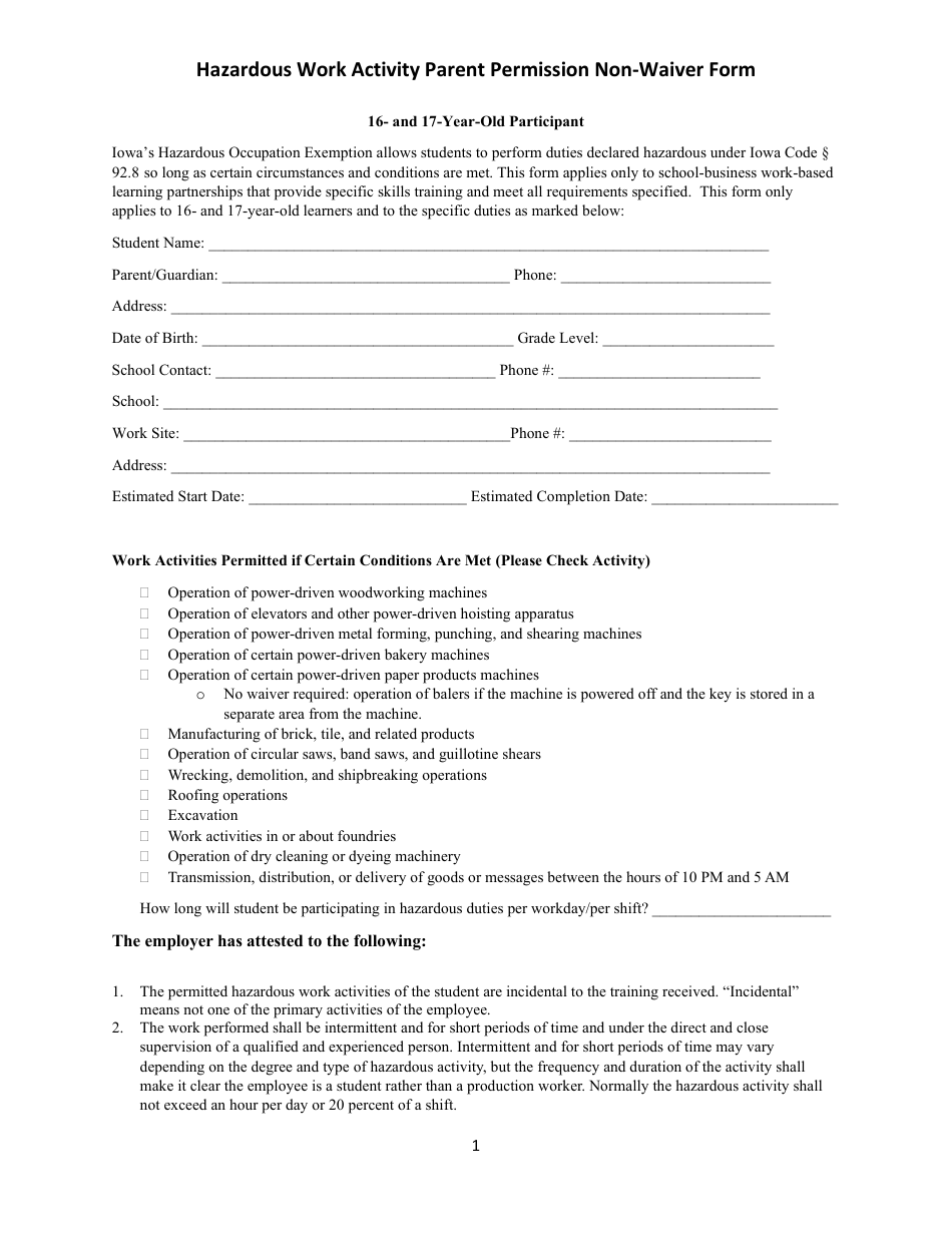 Hazardous Work Activity Parent Permission Non-waiver Form - 16- and 17-year-Old Participant - Iowa, Page 1
