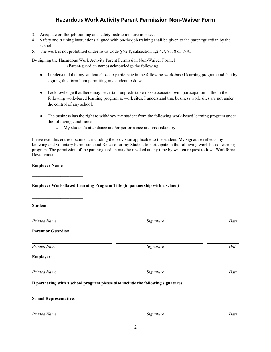 Iowa Hazardous Work Activity Parent Permission Non-waiver Form - 16 ...