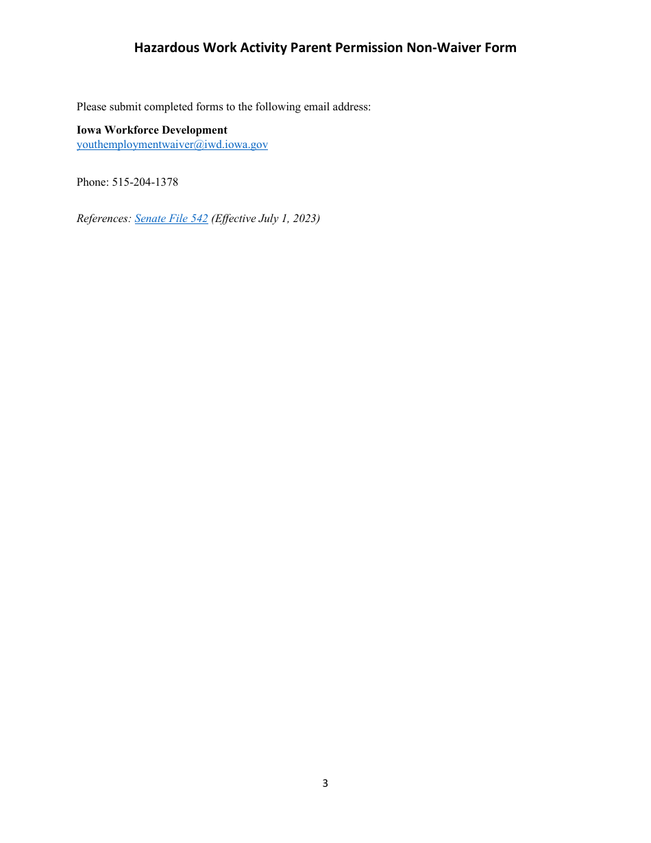 Hazardous Work Activity Parent Permission Non-waiver Form - 16- and 17-year-Old Participant - Iowa, Page 3