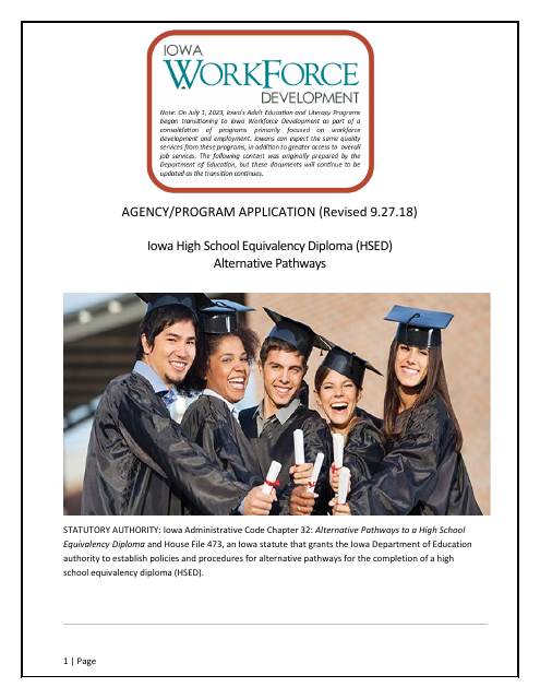 Agency/Program Application - Iowa High School Equivalency Diploma (Hsed) Alternative Pathways - Iowa