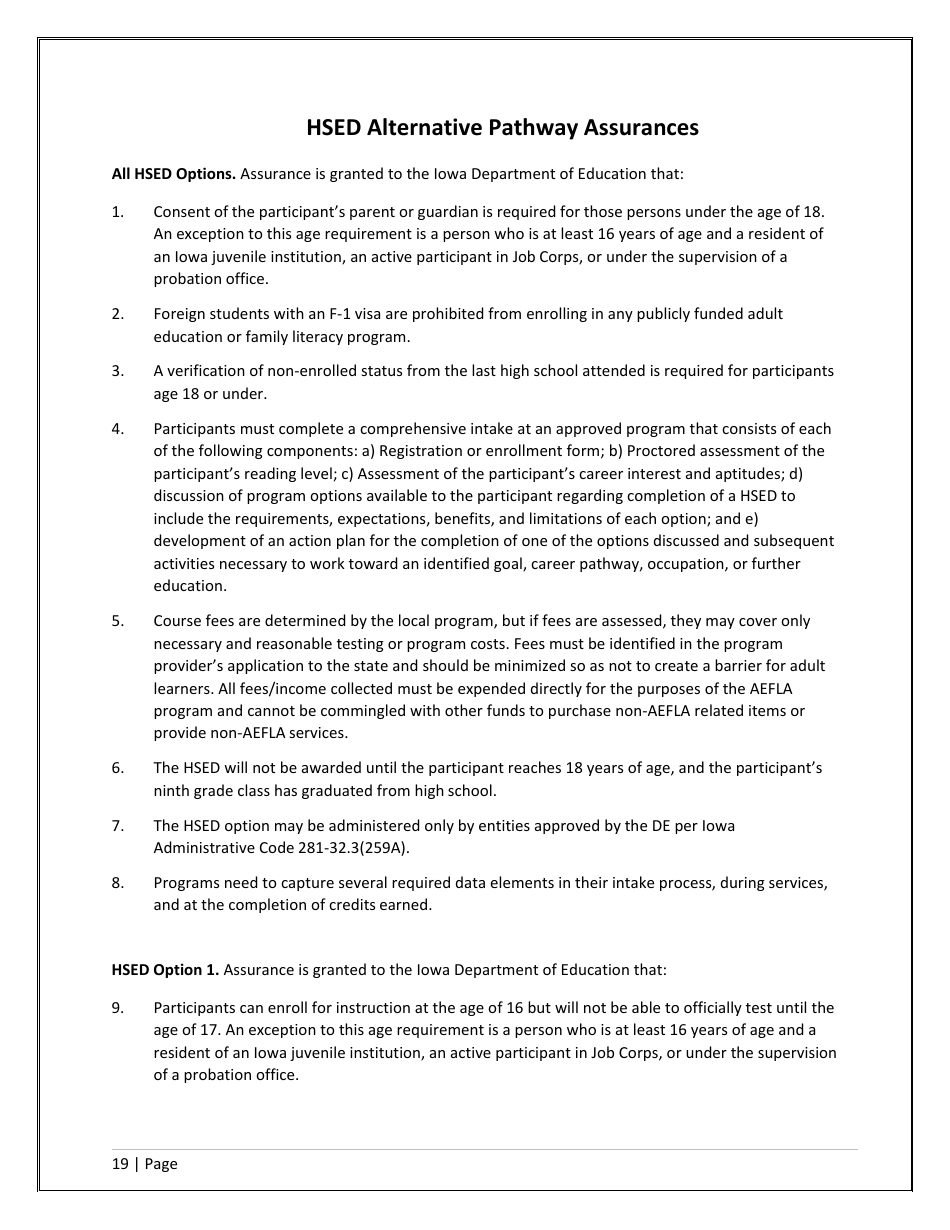 Agency / Program Application - Iowa High School Equivalency Diploma (Hsed) Alternative Pathways - Iowa, Page 19