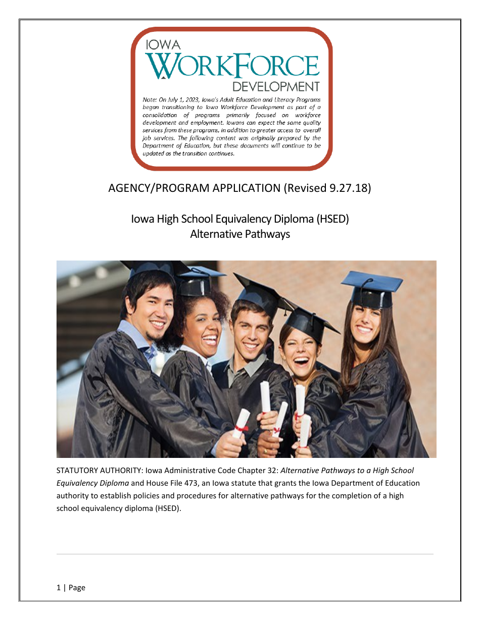 Agency / Program Application - Iowa High School Equivalency Diploma (Hsed) Alternative Pathways - Iowa, Page 1