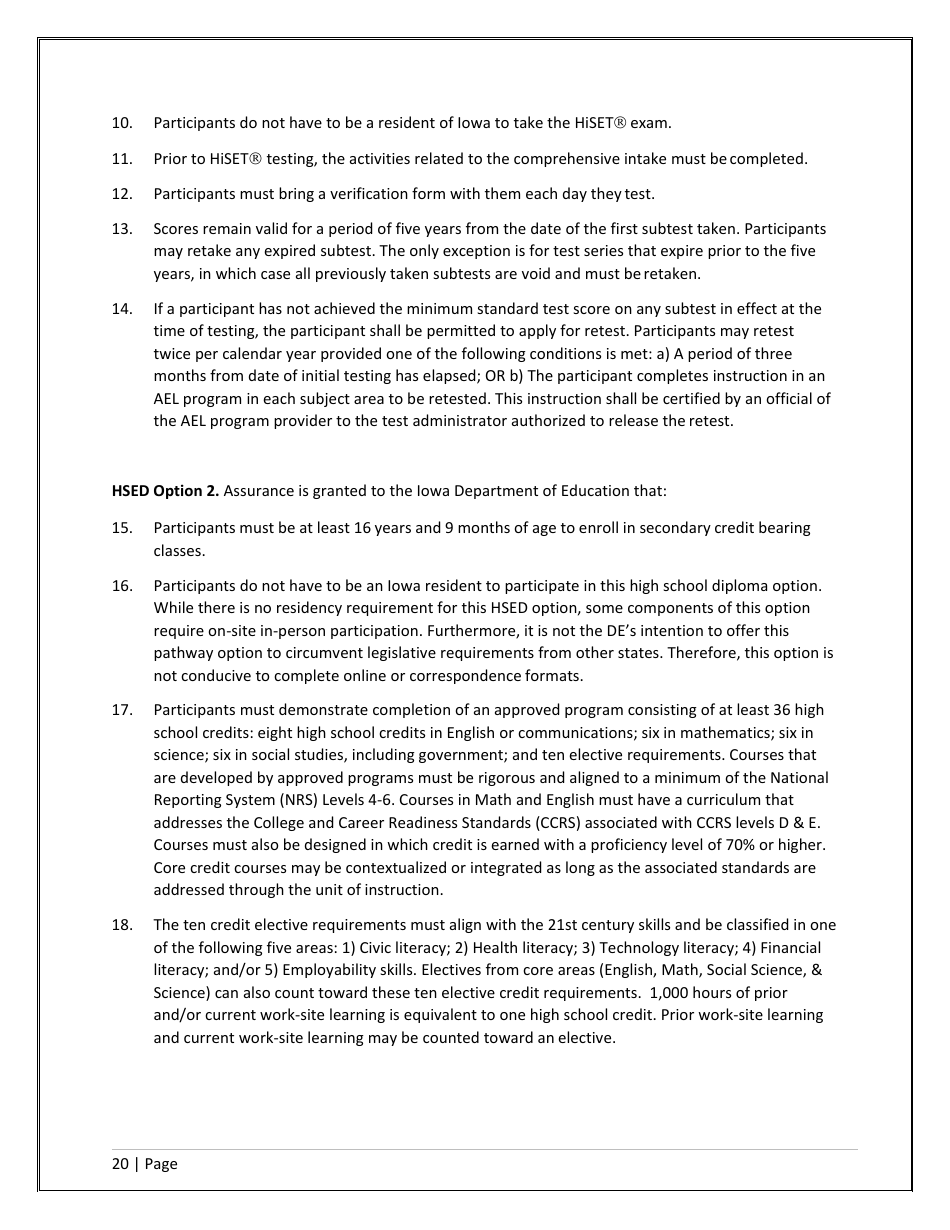 Agency / Program Application - Iowa High School Equivalency Diploma (Hsed) Alternative Pathways - Iowa, Page 20