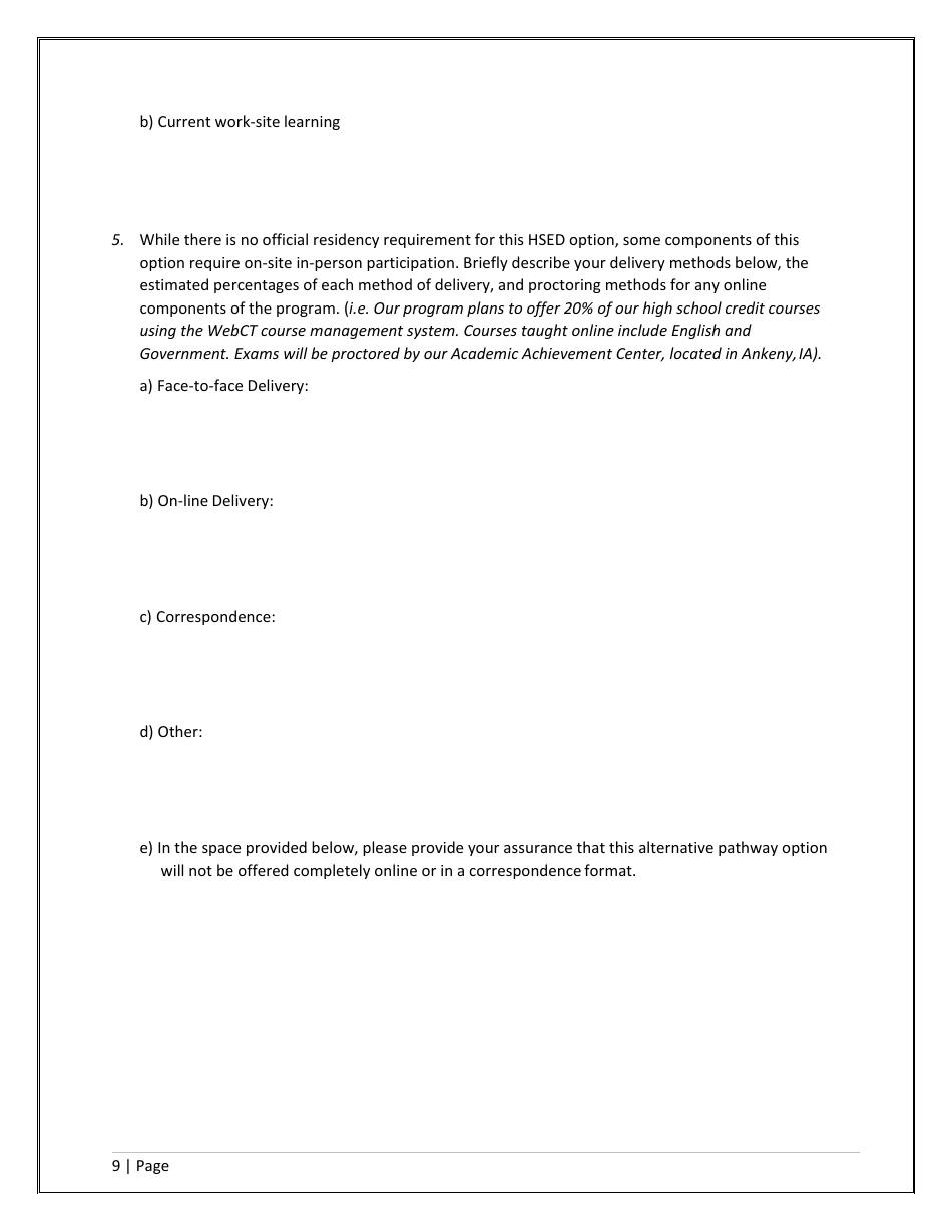 Agency / Program Application - Iowa High School Equivalency Diploma (Hsed) Alternative Pathways - Iowa, Page 9