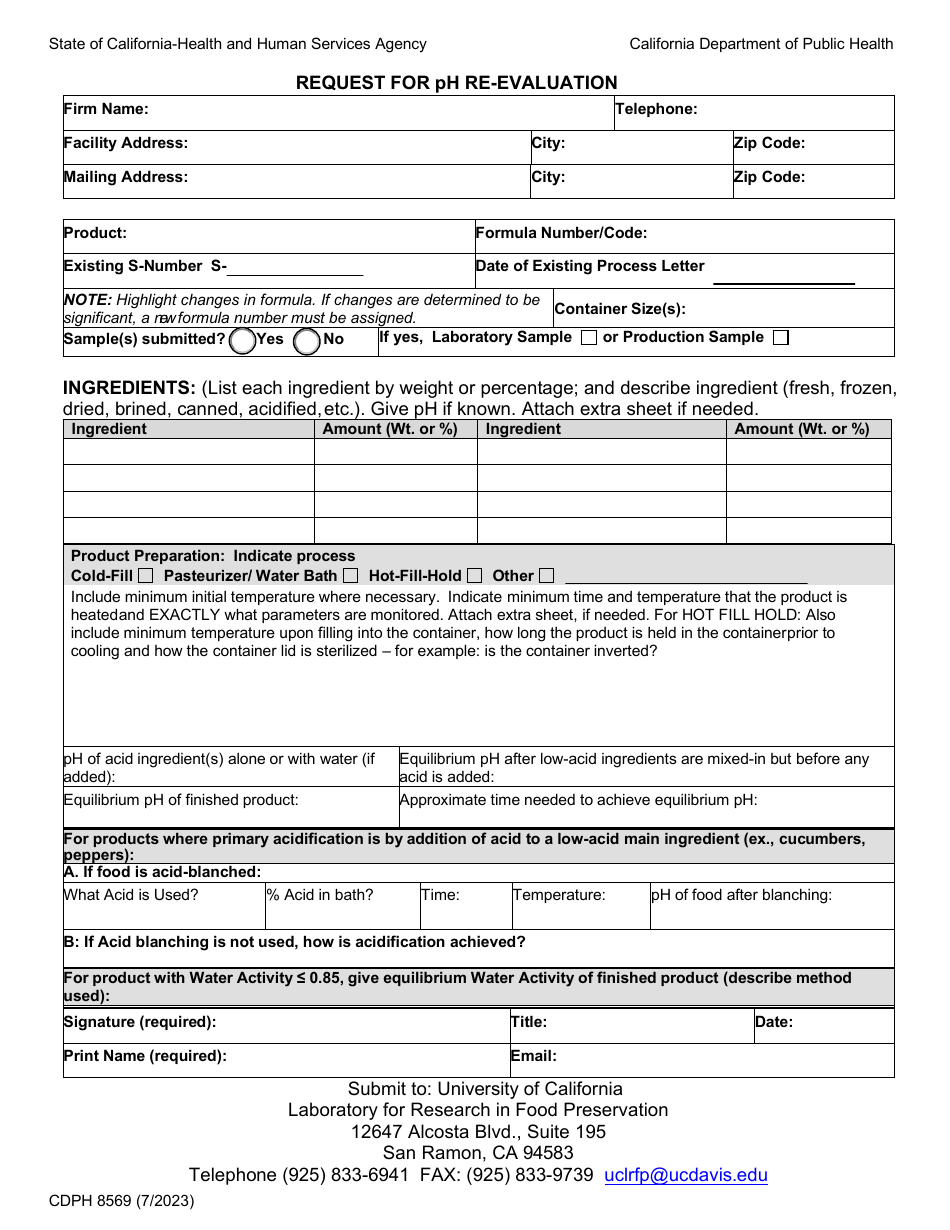 Form CDPH8569 Request for Ph Re-evaluation - California, Page 1