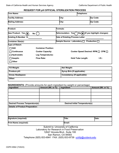 Form CDPH8562  Printable Pdf