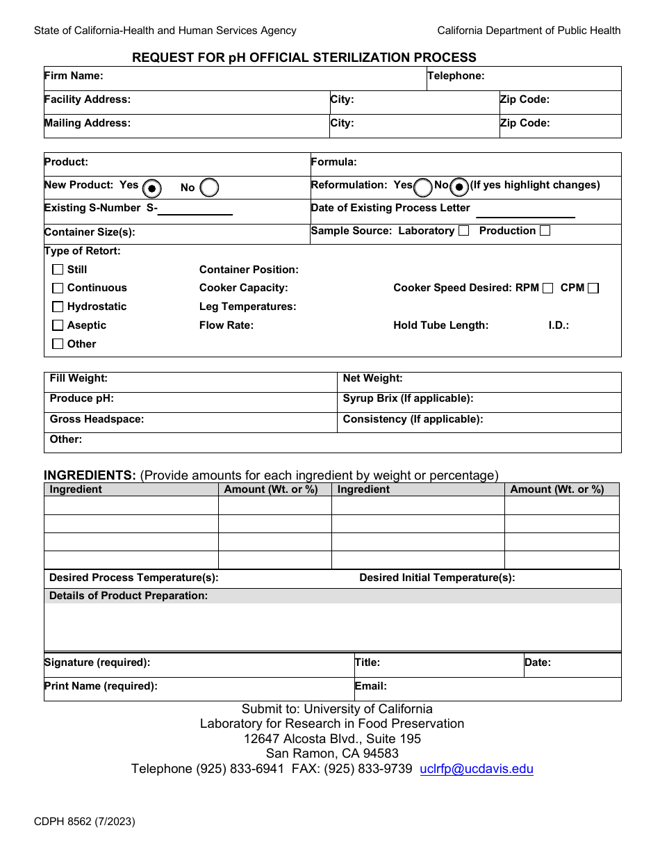 Form CDPH8562 Request for Ph Official Sterilization Process - California, Page 1