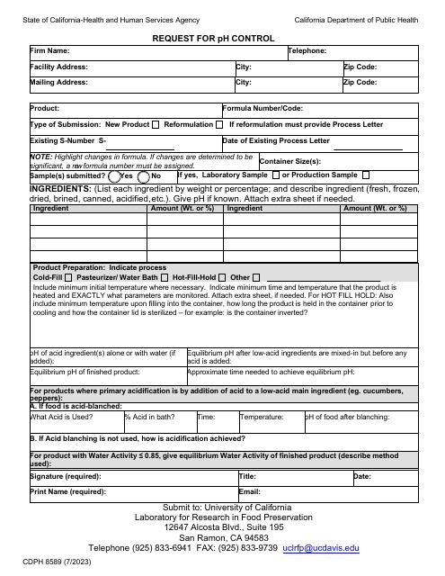 Form CDPH8589  Printable Pdf