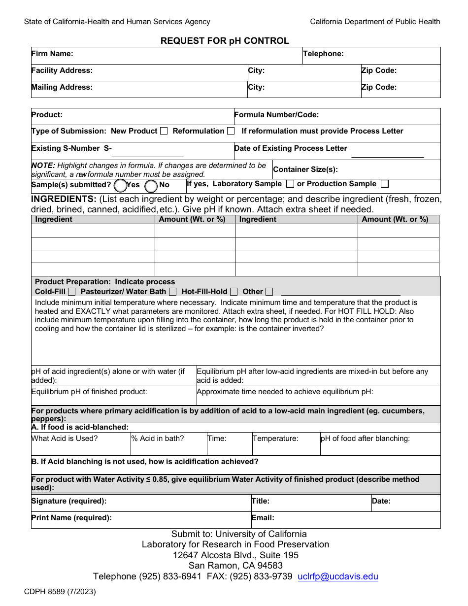 Form CDPH8589 Request for Ph Control - California, Page 1