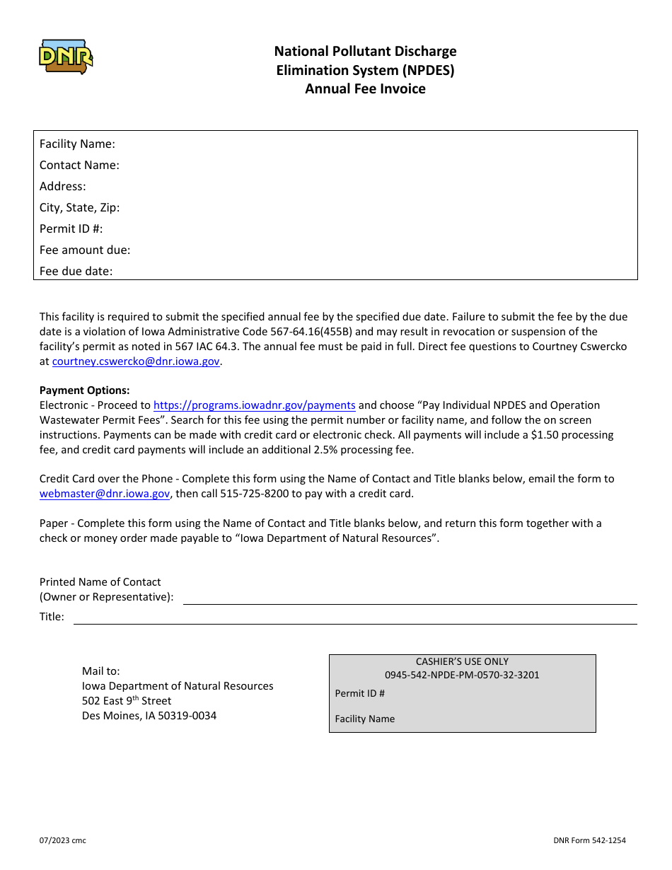 DNR Form 542-1254 National Pollutant Discharge Elimination System (Npdes) Annual Fee Invoice - Iowa, Page 1