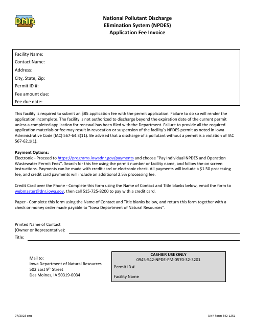 DNR Form 542-1251 National Pollutant Discharge Elimination System (Npdes) Application Fee Invoice - Iowa
