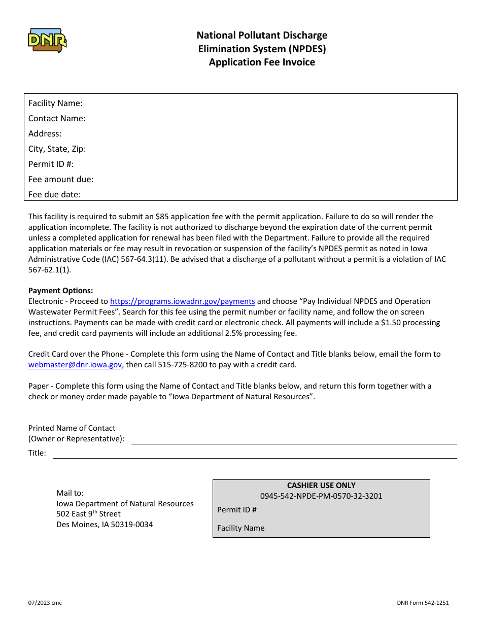 DNR Form 542-1251 National Pollutant Discharge Elimination System (Npdes) Application Fee Invoice - Iowa, Page 1