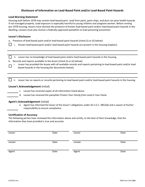 DNR Form 542-0886 Disclosure of Information on Lead-Based Paint and/or Lead-Based Paint Hazards - Iowa