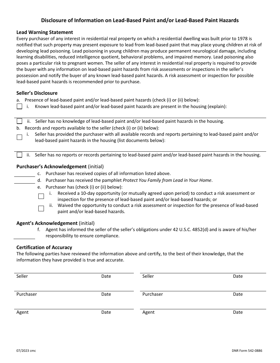 DNR Form 542-0886 Disclosure of Information on Lead-Based Paint and / or Lead-Based Paint Hazards - Iowa, Page 2