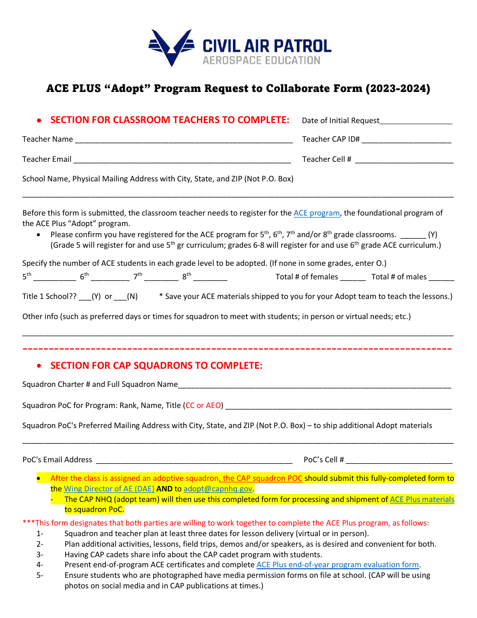 Request to Collaborate Form - Ace Plus adopt Program, Page 1