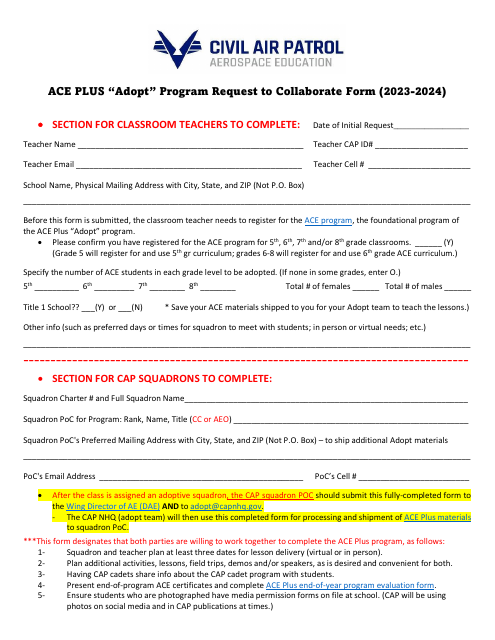 Request to Collaborate Form - Ace Plus "adopt" Program, 2024